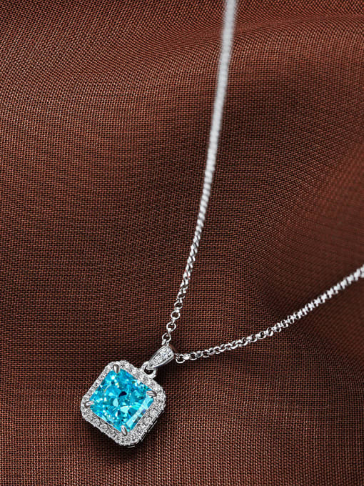 Sea Blue [P 2047] 925 Sterling Silver High Carbon Diamond Square Luxury Necklace
